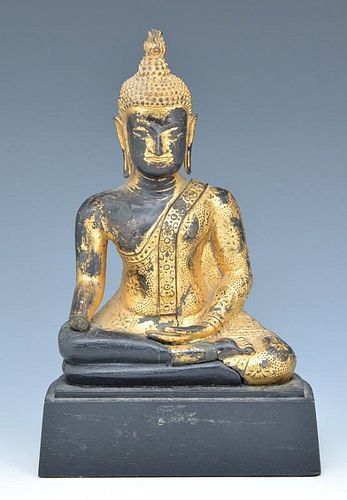 Gilt metal seated Buddha statue fragment on base