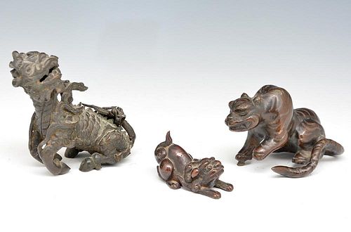 3 Bronze statues: 2 Foo dogs and a Qilin (Kirin)