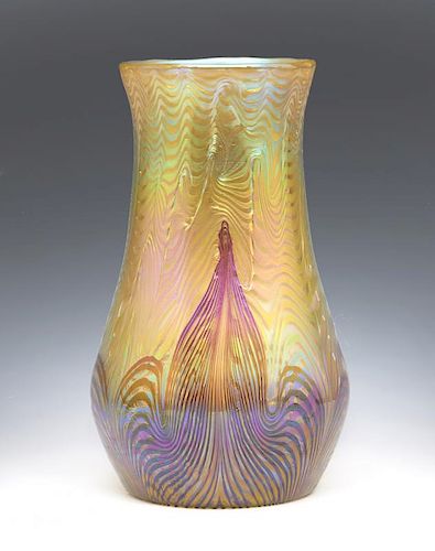 Loetz iridescent art glass vase with pulled feather swirls
