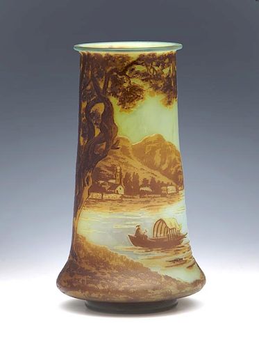 DeVez cameo glass landscape vase, signed, 7 3/4"t