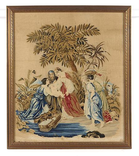 19th c Victorian needlepoint, Moses and Pharaoh's daughter