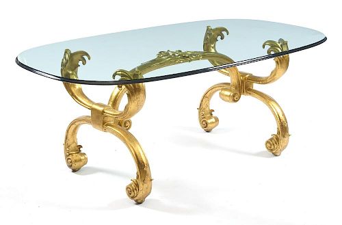 20th c Dining table, glass top with gilt metal scroll base