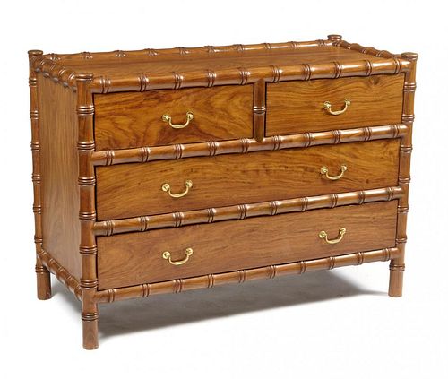 Chinese faux bamboo carved padauk wood chest of drawers