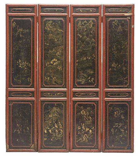 Chinese 4 Panel Lacquered Screen, 19th c. or earlier