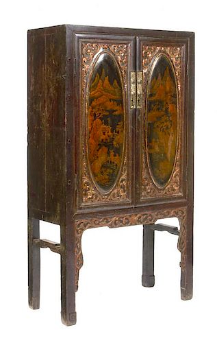 19th c Chinese lacquered 2 door cabinet