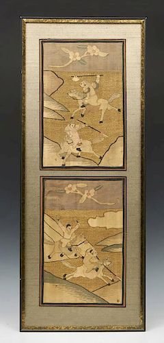 Pair of Chinese embroidered panels in gold thread, framed