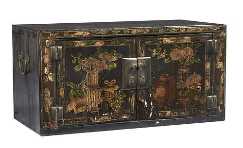 19th c Chinese lacquered low 2 door cabinet