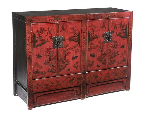 Chinese red and black lacquered 4 door cabinet