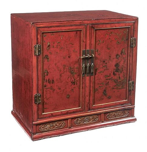Chinese red lacquered 2 door cabinet