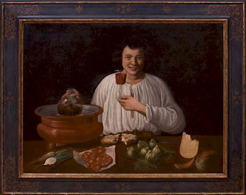 ITALIAN SCHOOL: A SMILING MAN, HOLDING A GLASS OF WINE AT A TABLE, WITH SALAMI, TURNIPS, CHEESE, BREAD, FIGS, MELON AND A COO