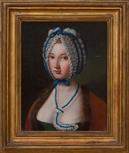 CIRCLE OF PIETRO ANTONIO ROTARI (1707-1762): PORTRAIT OF A LADY IN A BLUE AND WHITE CAP