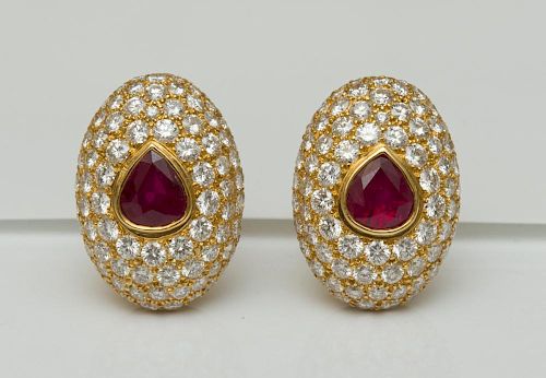 PAIR OF HENNELL 18K GOLD, RUBY AND DIAMOND EARCLIPS