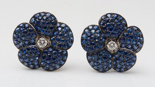 18K WHITE GOLD, SAPPHIRE AND DIAMOND FLOWER EARCLIPS