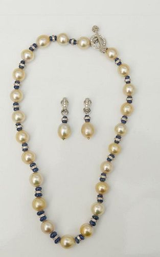 18K GOLD CULTURED PEARL, SAPPHIRE BEAD AND DIAMOND NECKLACE AND PAIR OF MATCHING EARCLIPS