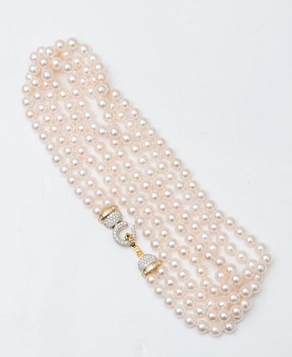 DOUBLE STRAND CULTURED PEARL NECKLACE WITH 18K GOLD AND DIAMOND CLASP