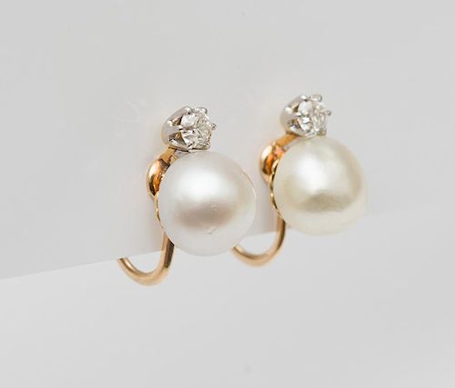PAIR OF 14K GOLD, NATURAL PEARL AND DIAMOND EARRINGS