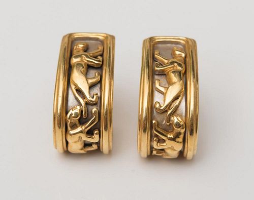 PAIR OF 18K GOLD AND STEEL PANTHER EARRINGS