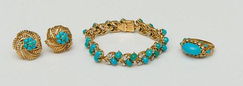 CARTIER 18K GOLD, TURQUOISE AND DIAMOND BRACELET, RING AND PAIR OF ASSOCIATED EARRINGS