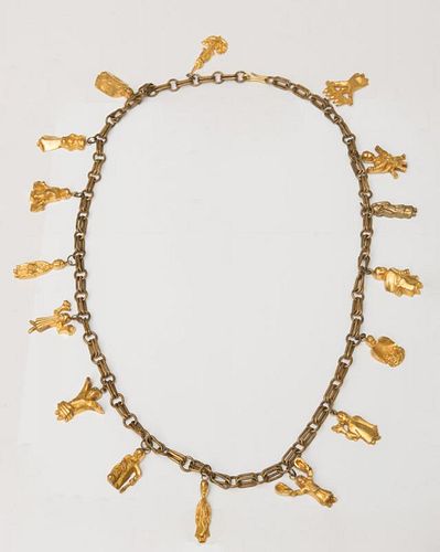 GILT-METAL BEADED NECKLACE AND A GILT-METAL LINK NECKLACE WITH FIGURAL PENDANTS