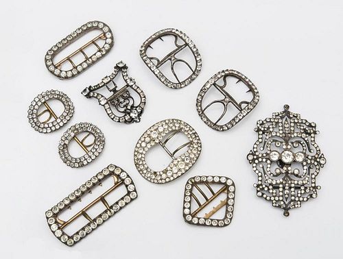 GROUP OF TEN SILVER AND PASTE BUCKLES