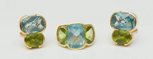 PAIR OF FONDAS 18K GOLD, BLUE TOPAZ AND PERIDOT EARCLIPS AND A MATCHING RING