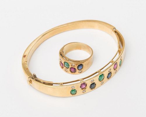 18K GOLD AND COLORED STONE BANGLE AND MATCHING RING