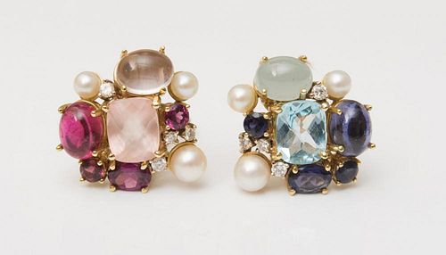 ASSOCIATED PAIR OF MAZ 18K GOLD, COLORED STONE, PEARL AND DIAMOND EARCLIPS