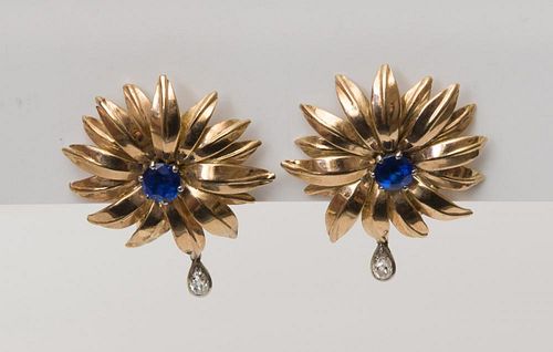 PAIR OF CARTIER 18K GOLD, SAPPHIRE AND DIAMOND FLOWER-FORM EARCLIPS