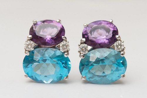 PAIR OF 14K WHITE GOLD, BLUE TOPAZ, AMETHYST AND DIAMOND EARCLIPS