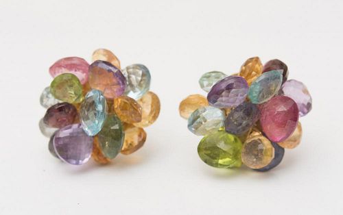PAIR OF 22K GOLD AND COLORED STONE BEAD EARCLIPS
