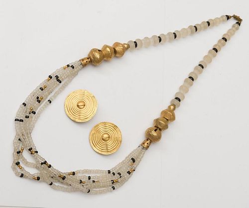 GILT METAL AND BEADED NECKLACE AND A PAIR OF SHIELD-SHAPE GILT-METAL EARRINGS