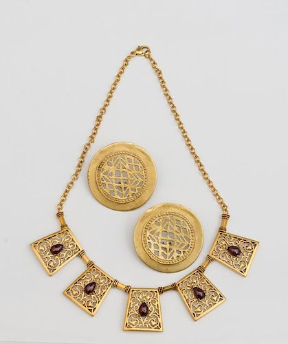 MMA BMCO. GILT-METAL AND COLORED STONE NECKLACE AND A PAIR OF SHIELD-SHAPE GILT-METAL EARRINGS