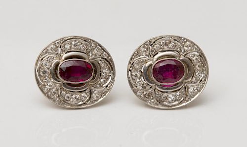 PAIR OF 14K WHITE GOLD, RUBY AND DIAMOND EARRINGS