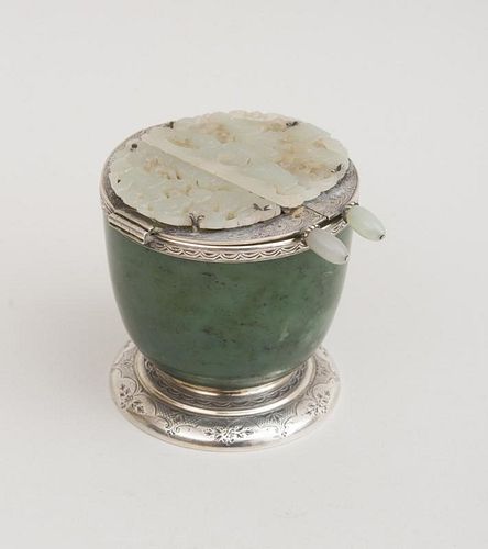 ART DECO CHINESE SPINACH JADE AND SILVER-MOUNTED ASHTRAY, DESIGNED BY EDWARD I. FARMER