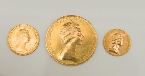 GROUP OF THREE 1965 ISLE OF MAN 22K GOLD SOVEREIGN COIN BICENTENARY OF THE REVESTMENT ACT