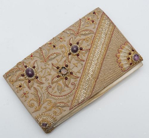 EMBROIDERED, BEADED AND STONE-MOUNTED CLUTCH