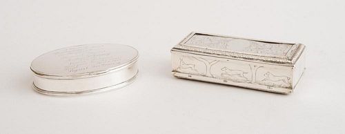 DUTCH ENGRAVED SILVER TOBACCO BOX AND AN AMERICAN PRESENTATION SILVER "BACKGAMMON CHALLENGE" MATCH BOX, RETAILED BY CARTIER