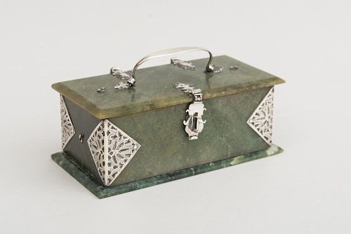 BAROQUE STYLE SILVER-MOUNTED GREEN JADE COFFRET