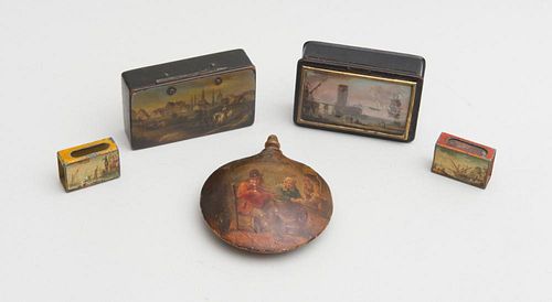 TWO CONTINENTAL PAINTED PÂPIER MACHÉ SNUFF BOXES, A PAINTED WOOD FLASK AND TWO TÔLE PEINTE MATCH BOX COVERS