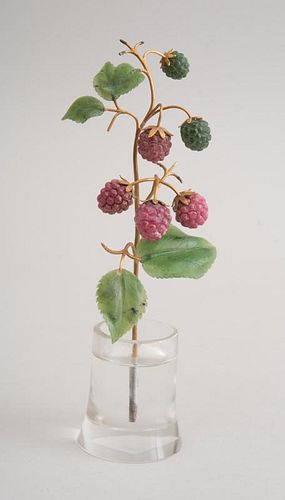 FABERGÉ STYLE HARDSTONE-MOUNTED GILT-METAL RASPBERRY BRANCH