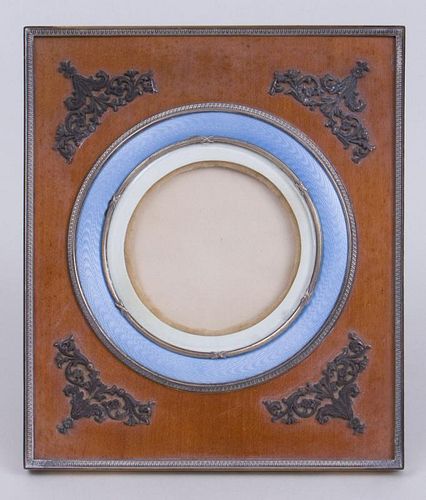 RUSSIAN SILVER AND ENAMEL-MOUNTED FRUITWOOD PICTURE FRAME