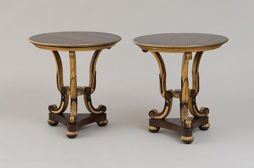 PAIR OF FINE REGENCY STYLE GILT-METAL-MOUNTED BLACK AND RED LACQUER AND PARCEL-GILT SIDE TABLES