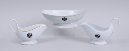 PAIR OF RUSSIAN PORCELAIN ARMORIAL SAUCE BOATS AND AN OVAL FOOTED BOWL