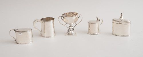 THREE GEORGE III SILVER SMALL TABLE ARTICLES AND TWO LATER PIECES