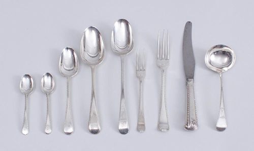 GEORGE III ASSMEBLED SILVER NINETY-PIECE FLATWARE SERVICE, IN THE 'FEATHER EDGE' PATTERN