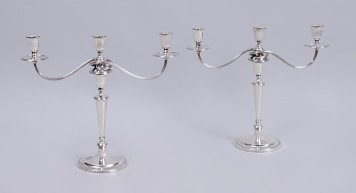 PAIR OF ENGLISH WEIGHTED SILVER CANDLESTICKS WITH REMOVABLE THREE-LIGHT ARMS