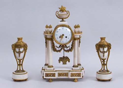 LOUIS XVI STYLE ORMOLU-MOUNTED WHITE-MARBLE THREE-PIECE CLOCK GARNITURE