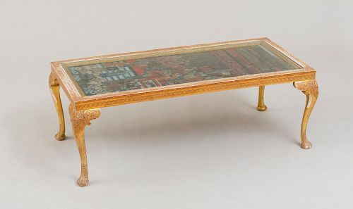 GEORGE III STYLE GILTWOOD AND GILT GESSO LOW TABLE INSET WITH CHINESE EXPORT REVERSE PAINTED PANEL