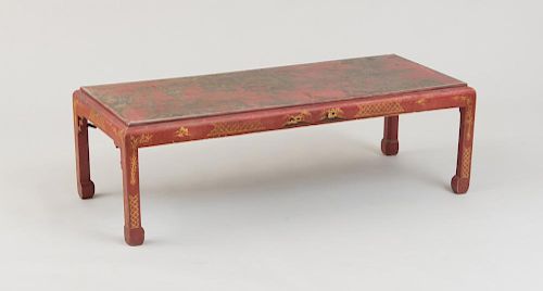 CHINESE RED LACQUER AND PARCEL-GILT PANEL, MOUNTED IN A LOW TABLE