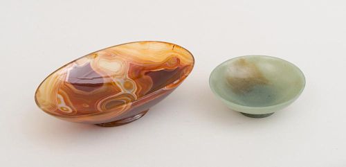 BRAZILIAN AGATE OVAL DISH AND A CHINESE JADE CIRCULAR FOOTED DISH
